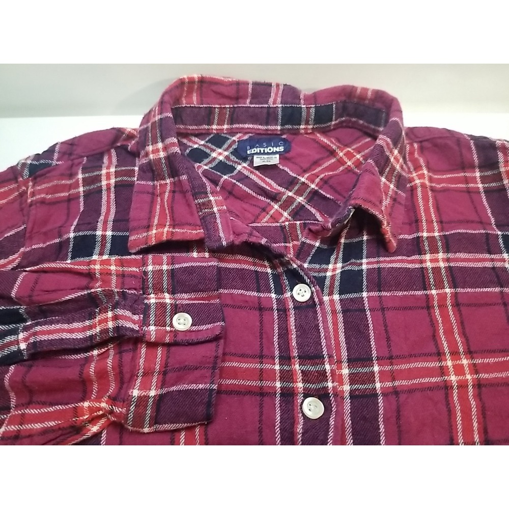Basic Editions Womens XL Flannel Plaid Long Sleeve Roll‎ Tab Button Up Shirt